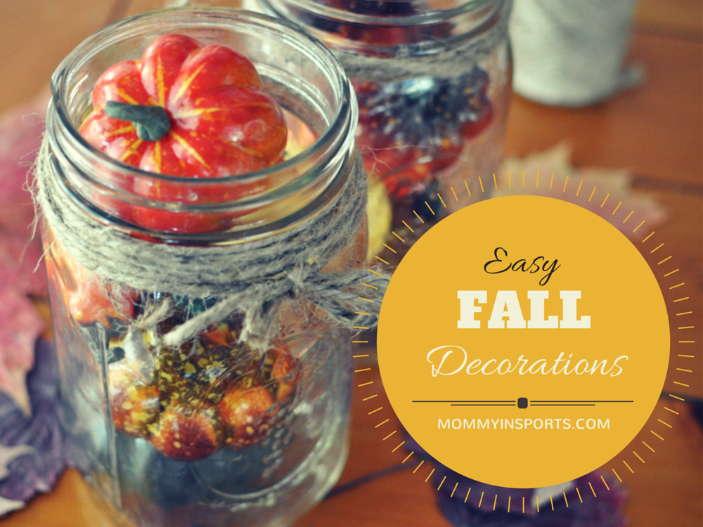 Decorating your home for fall doesn't have to be difficult or expensive! Fill your mason jars with little fall gourds or candies, add some twine, and collect some fall leaves!